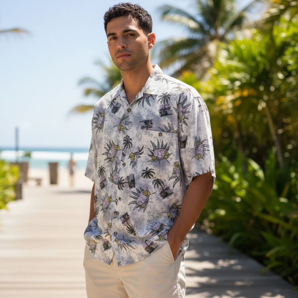 Protest Mens XL Hawaiian Cocktail Palm Tree Island Casual Button Down Shirt